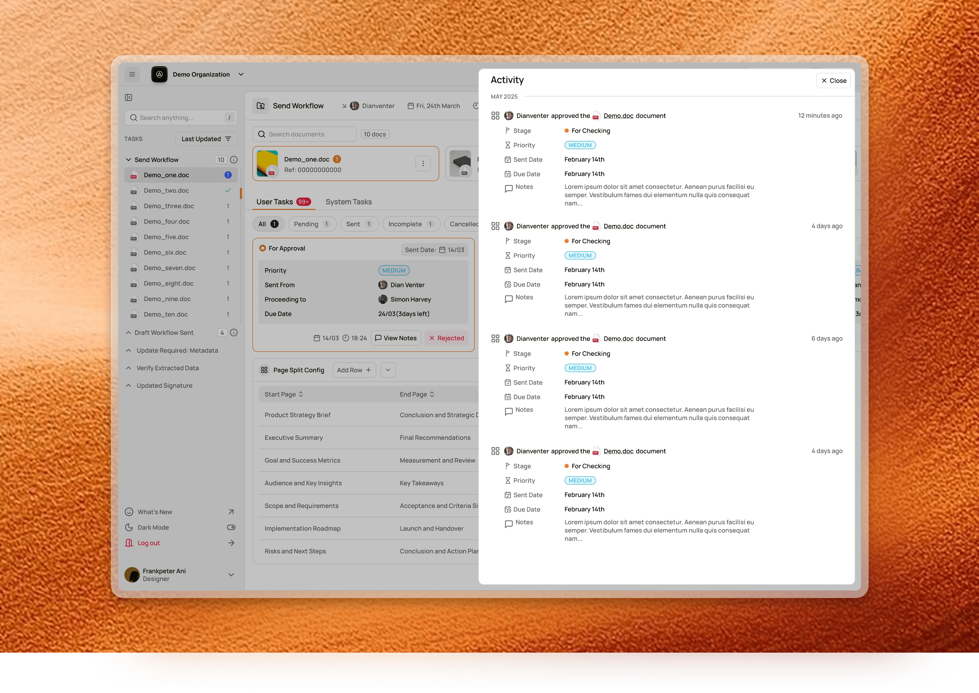 Activity panel with stage, priority, dates and notes
